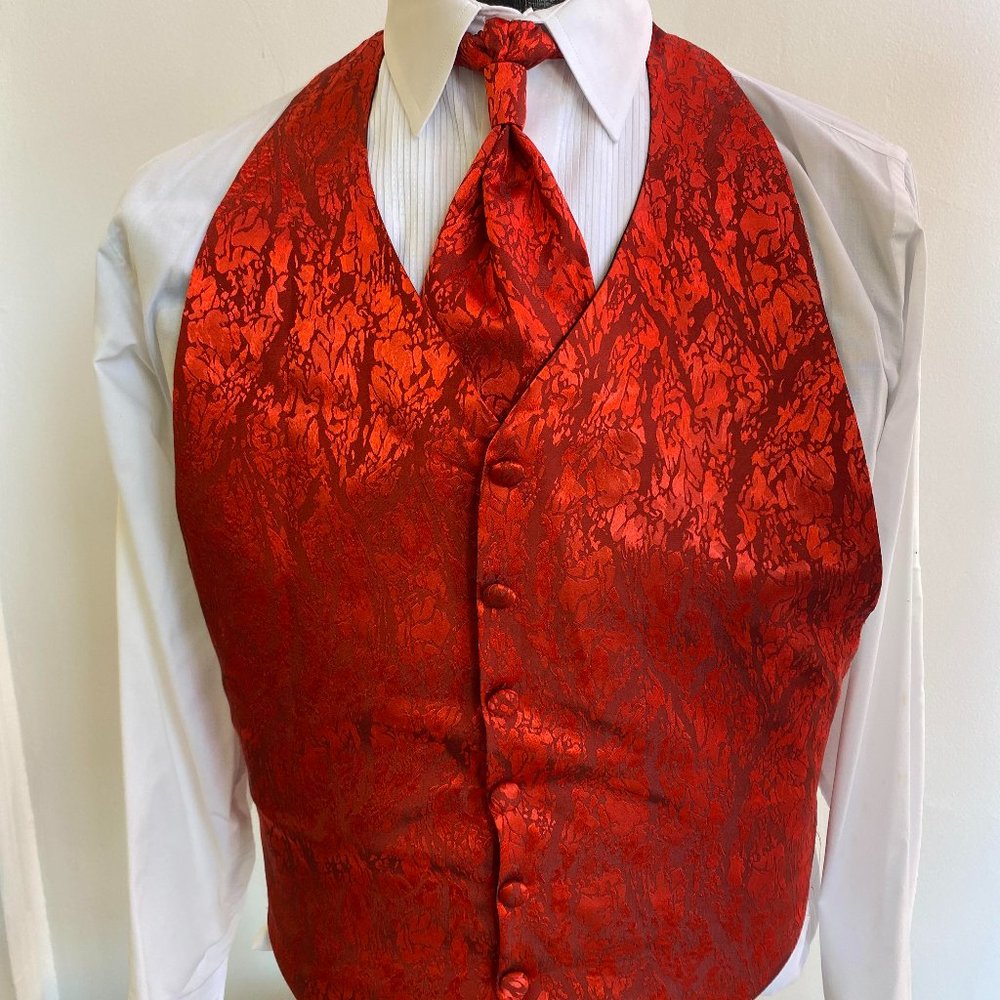 Men's Red Backless Vest Bow Tie & Euro Tie Valentine Formal Wedding Fit All Set